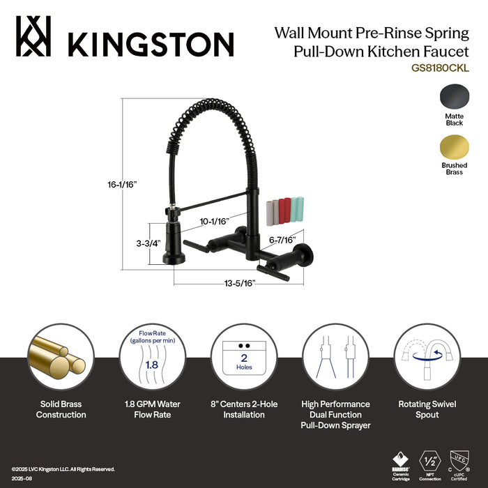 Kingston Sona GS8180CKL - Kaiser Double-Handle 2-Hole Wall-Mount Pre-Rinse Bridge Kitchen Faucet, Matte Black