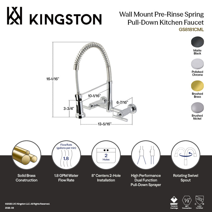 Kingston Sona GS8181CML - Manhattan Double-Handle 2-Hole Wall-Mount Pre-Rinse Bridge Kitchen Faucet, Polished Chrome