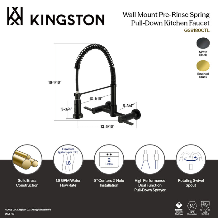 Kingston Sona GS8187CTL - Continental Double-Handle 2-Hole Wall-Mount Pre-Rinse Bridge Kitchen Faucet, Brushed Brass