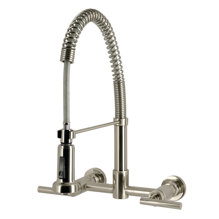 Kingston Sona GS8188CML - Manhattan Double-Handle 2-Hole Wall-Mount Pre-Rinse Bridge Kitchen Faucet, Brushed Nickel