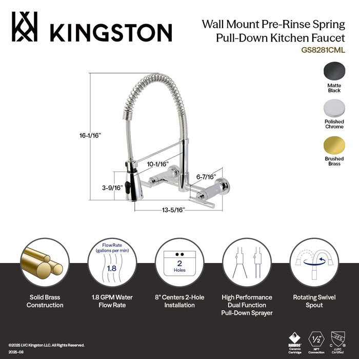Kingston Sona GS8280CML - Manhattan Double-Handle 2-Hole Wall-Mount Pre-Rinse Bridge Kitchen Faucet, Matte Black
