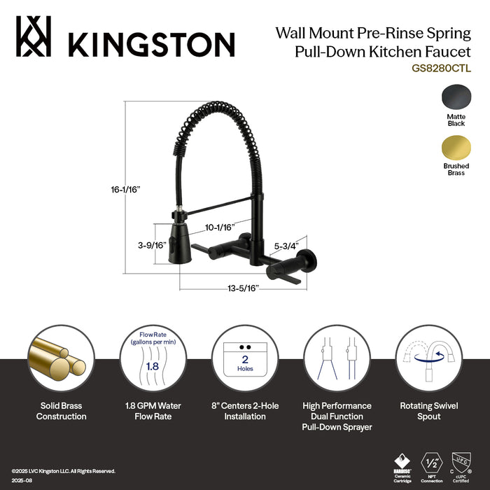 Kingston Tulare GS8280CTL - Continental Double-Handle 2-Hole Wall-Mount Pre-Rinse Bridge Kitchen Faucet, Matte Black