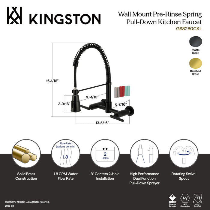 Kingston Sona GS8287CKL - Kaiser Double-Handle 2-Hole Wall-Mount Pre-Rinse Bridge Kitchen Faucet, Brushed Brass
