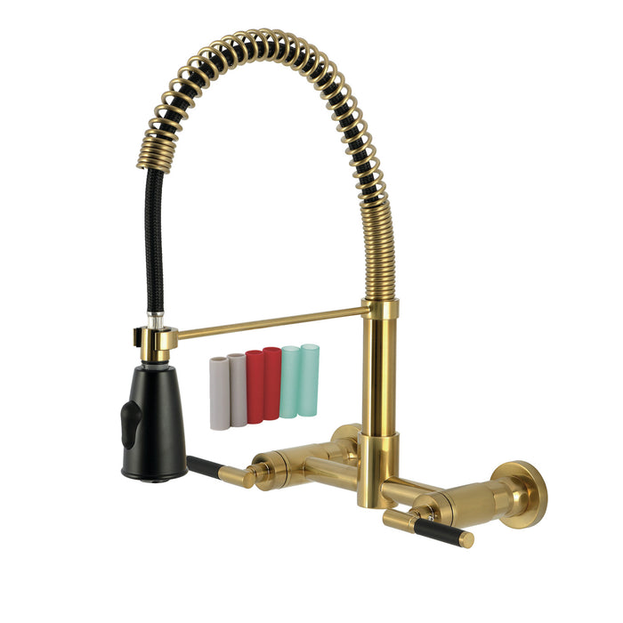 Kingston Sona GS8287CKL - Kaiser Double-Handle 2-Hole Wall-Mount Pre-Rinse Bridge Kitchen Faucet, Brushed Brass