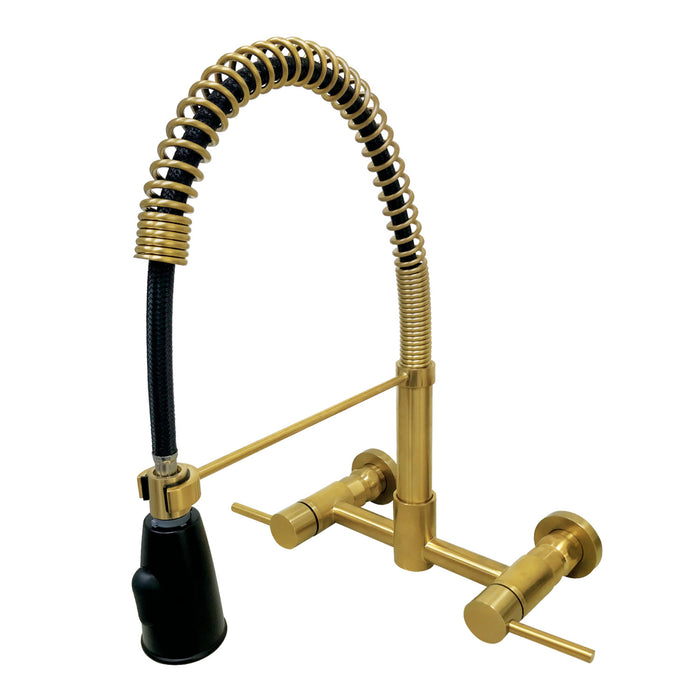 Kingston Sona GS8287DL - Concord Double-Handle 2-Hole Wall-Mount Pre-Rinse Bridge Kitchen Faucet, Brushed Brass