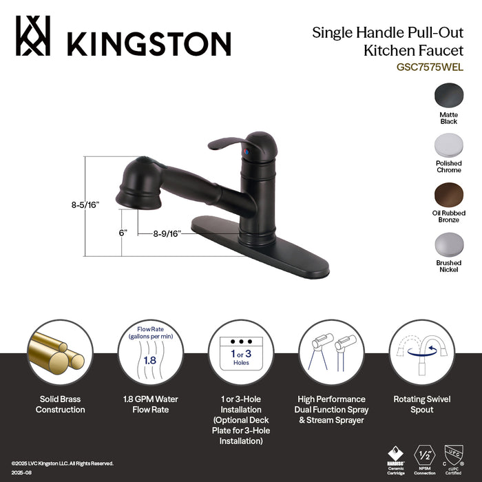 Kingston Tulare GSC7571WEL - Eden Single-Handle 1-or-3 Hole Deck Mount Pull-Out Sprayer Kitchen Faucet, Polished Chrome