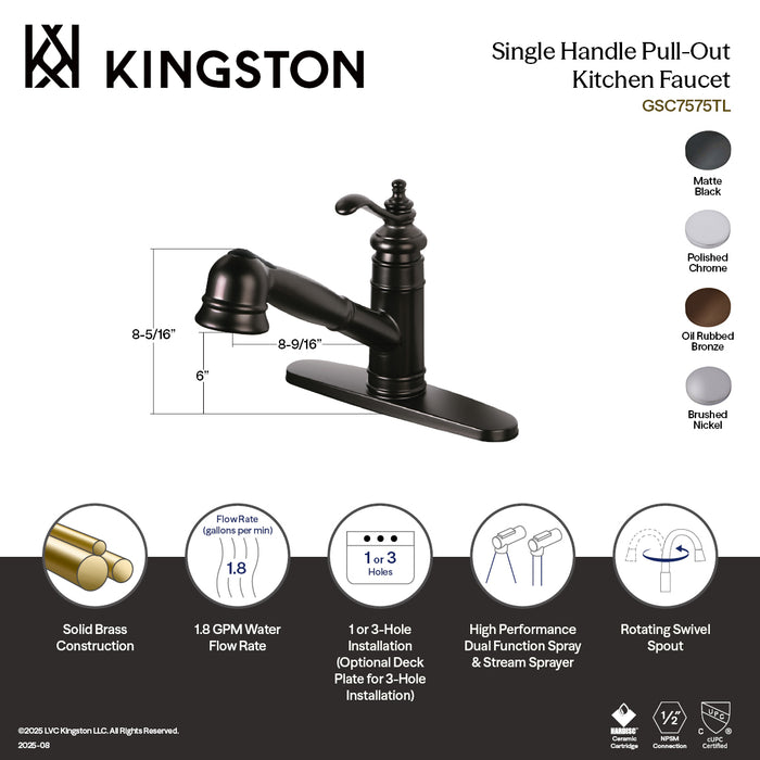 Kingston Heirloom GSC7578TL - Templeton Single-Handle 1-or-3 Hole Deck Mount Pull-Out Sprayer Kitchen Faucet, Brushed Nickel