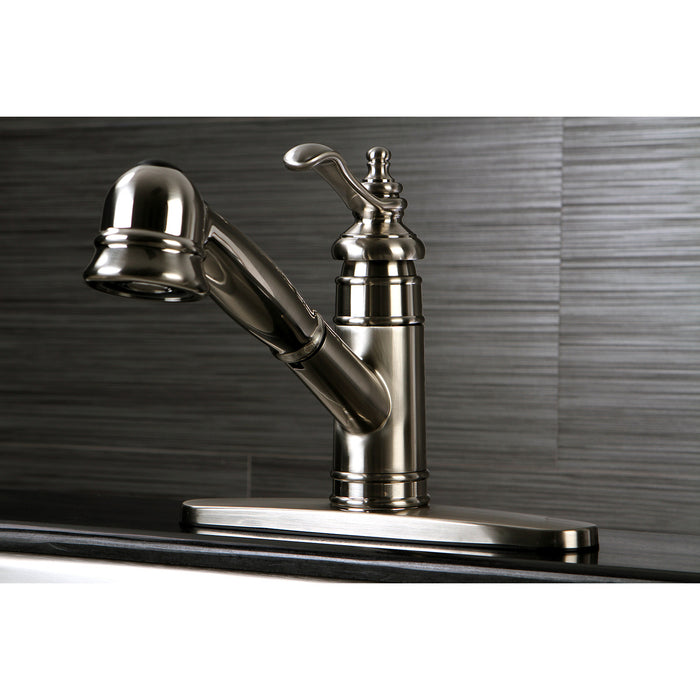 Kingston Heirloom GSC7578TL - Templeton Single-Handle 1-or-3 Hole Deck Mount Pull-Out Sprayer Kitchen Faucet, Brushed Nickel