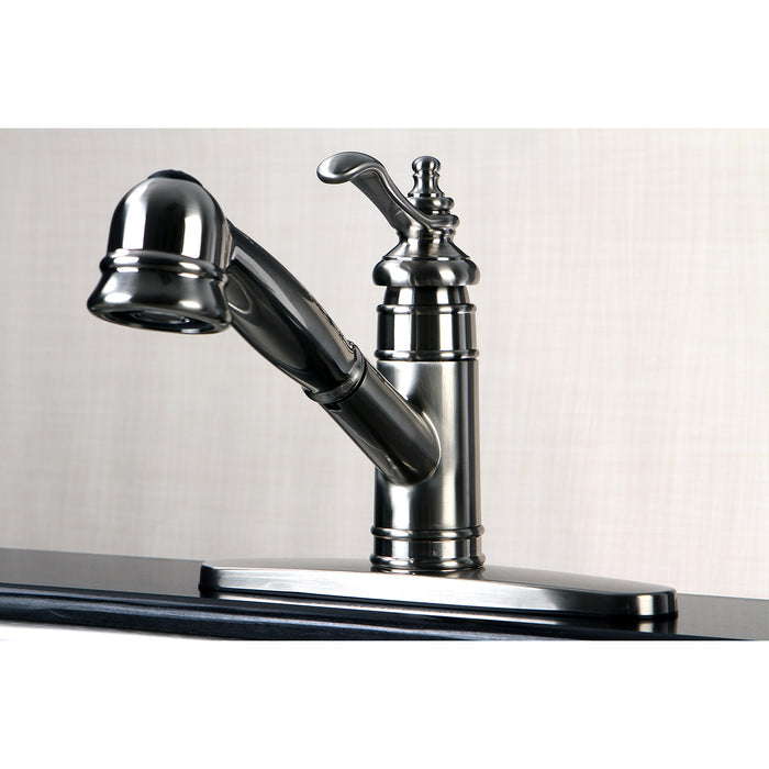 Kingston Heirloom GSC7578TL - Templeton Single-Handle 1-or-3 Hole Deck Mount Pull-Out Sprayer Kitchen Faucet, Brushed Nickel