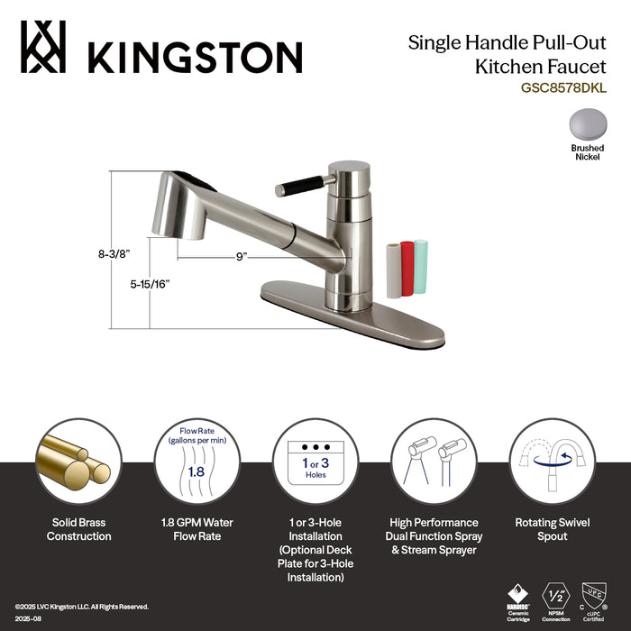 Kingston Sona GSC8578DKL - Kaiser Single-Handle 1-or-3 Hole Deck Mount Pull-Out Sprayer Kitchen Faucet, Brushed Nickel