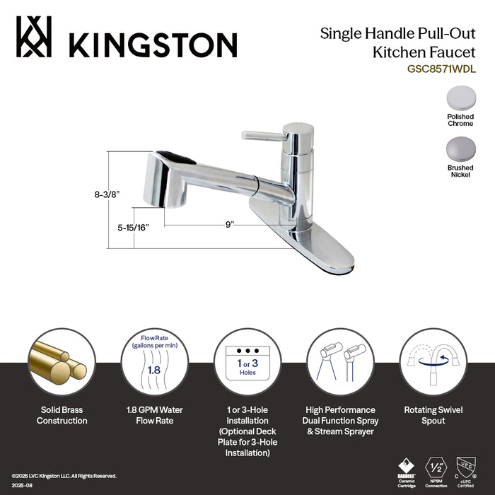 Kingston Sona GSC8578WDL - Wilshire Single-Handle 1-or-3 Hole Deck Mount Pull-Out Sprayer Kitchen Faucet, Brushed Nickel