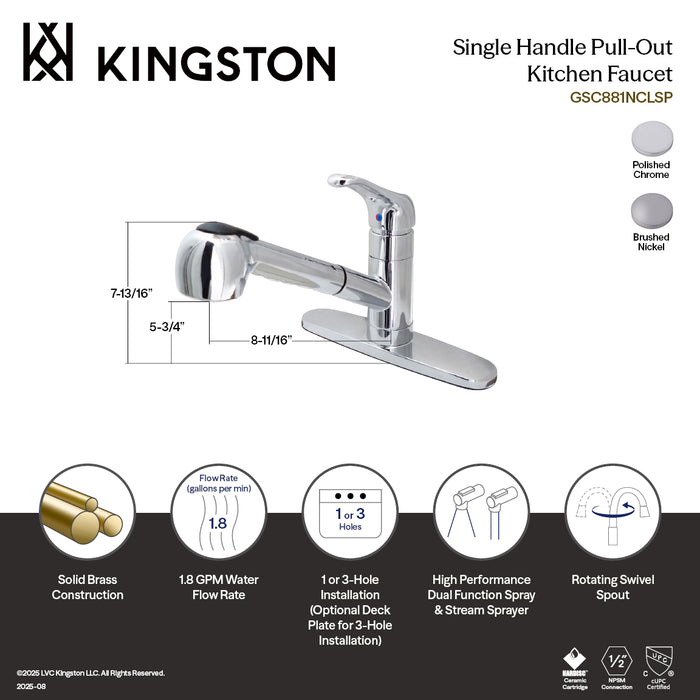 Kingston Tulare GSC881NCLSP - Century Single-Handle 1-or-3 Hole Deck Mount Pull-Out Sprayer Kitchen Faucet, Polished Chrome