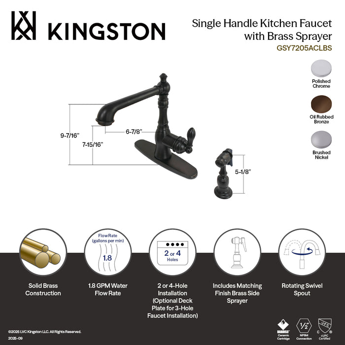 Kingston Heirloom GSY7205ACLBS - American Classic Single-Handle 2-or-4 Hole Kitchen Faucet with Brass Sprayer, Oil Rubbed Bronze