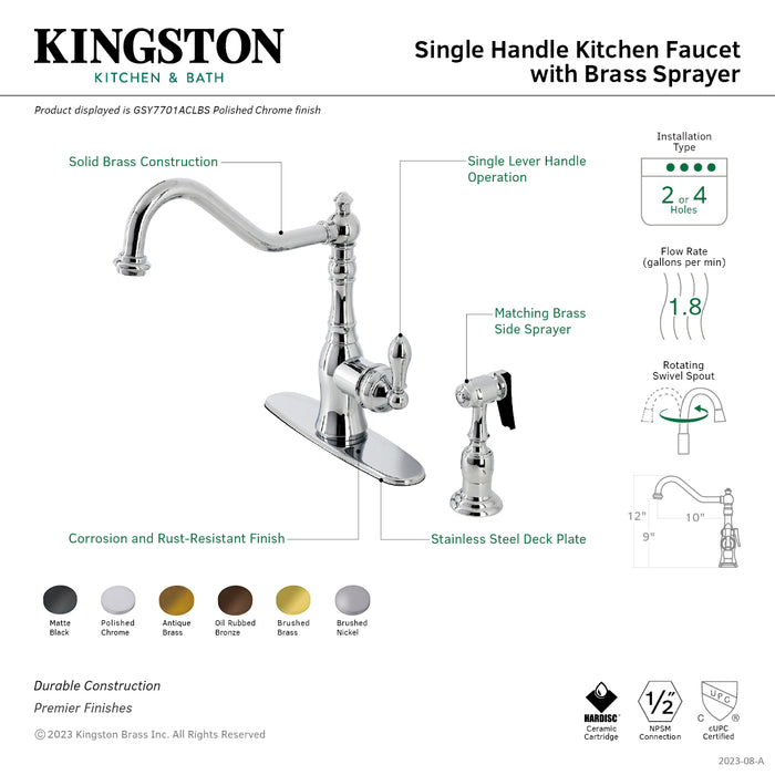 Kingston Heirloom GSY7708ACLBS - American Classic Single-Handle 2-or-4 Hole Deck Mount Kitchen Faucet with Brass Side Sprayer, Brushed Nickel