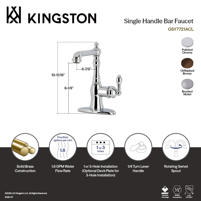 Kingston Heirloom GSY7728ACL - American Classic One-Handle 3-Hole Deck Mount Bar Faucet, Brushed Nickel