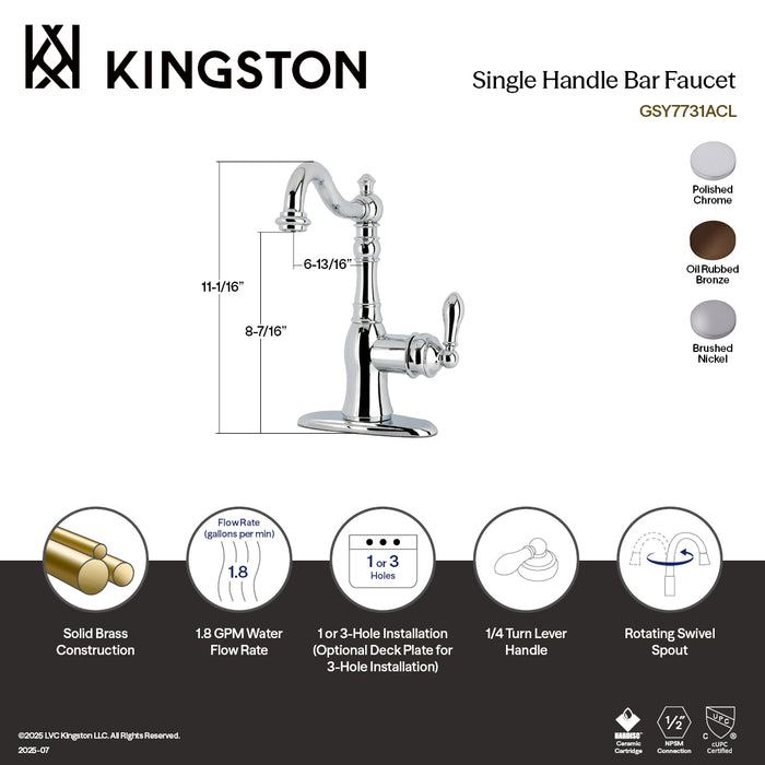 Kingston Heirloom GSY7738ACL - American Classic One-Handle 3-Hole Deck Mount Bar Faucet, Brushed Nickel