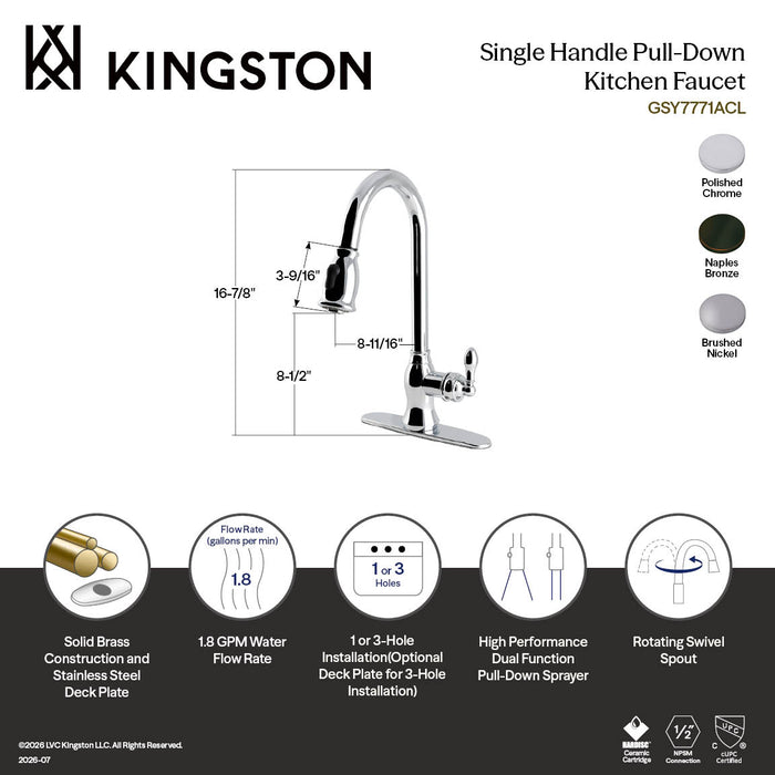 Kingston Heirloom GSY7778ACL - American Classic Single-Handle Pull-Down Kitchen Faucet, Brushed Nickel