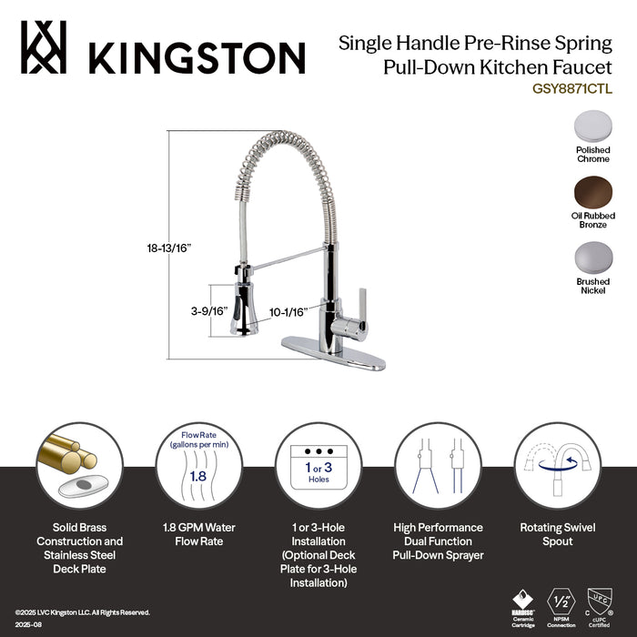 Kingston Sona GSY8878CTL - Continental Single-Handle 1-or-3 Hole Deck Mount Pre-Rinse Kitchen Faucet, Brushed Nickel