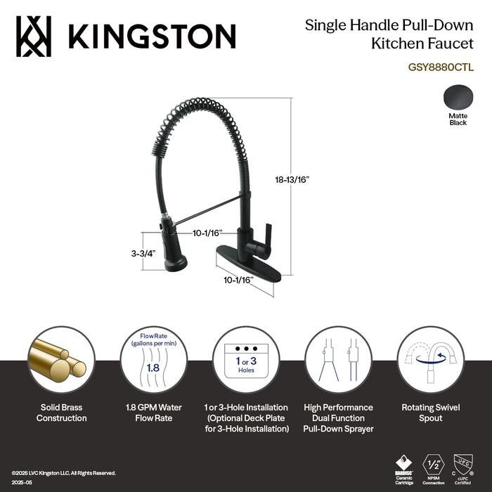 Kingston Sona GSY8880CTL - Continental Single-Handle 1-or-3 Hole Deck Mount Pre-Rinse Kitchen Faucet, Matte Black