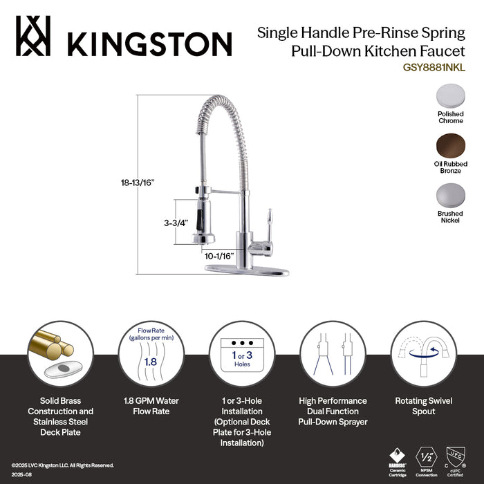 Kingston Tulare GSY8881NKL - Nustudio Single-Handle 1-or-3 Hole Deck Mount Pre-Rinse Kitchen Faucet, Polished Chrome