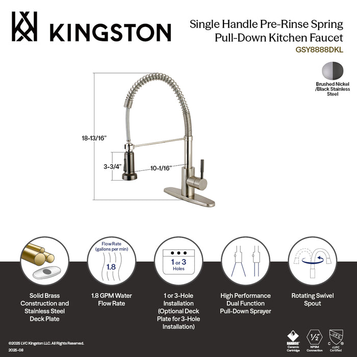 Kingston Sona GSY8888DKL - Kaiser Single-Handle 1-or-3 Hole Deck Mount Pre-Rinse Kitchen Faucet, Brushed Nickel/Black Stainless Steel