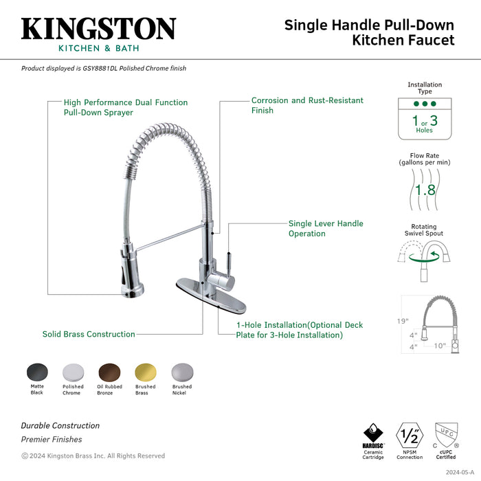 Kingston Sona GSY8888DL - Concord Single-Handle 1-or-3 Hole Deck Mount Pre-Rinse Kitchen Faucet, Brushed Nickel