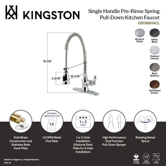 Kingston Tulare GSY8894ACL - American Classic Single-Handle 1-or-3 Hole Deck Mount Pre-Rinse Kitchen Faucet, Black Stainless
