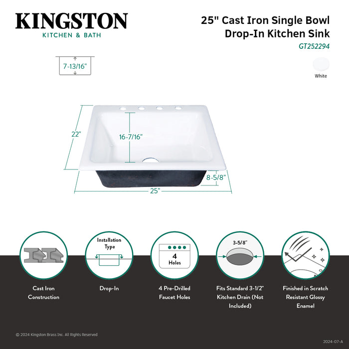 Kingston Heirloom GT252294 - Towne 25-Inch Cast Iron Self-Rimming Single Bowl Drop-In Kitchen Sink (4-Hole), White