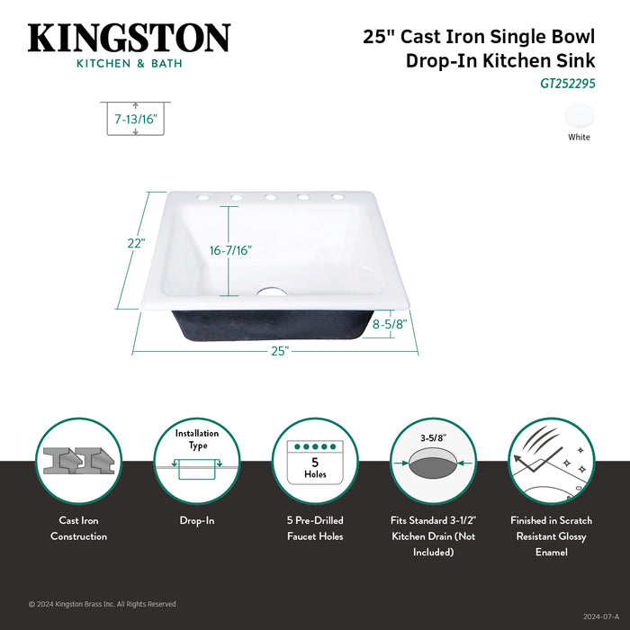 Kingston Heirloom GT252295 - Towne 25-Inch Cast Iron Self-Rimming Single Bowl Drop-In Kitchen Sink (5-Hole), White