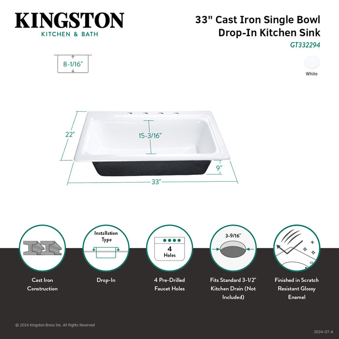 Kingston Heirloom GT332294 - Towne 33-Inch Cast Iron Self-Rimming Single Bowl Drop-In Kitchen Sink (4-Hole), White
