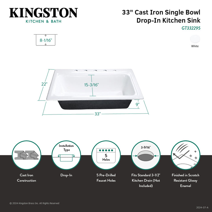 Towne GT332295 33-Inch Cast Iron Self-Rimming Single Bowl Drop-In Kitchen Sink (5-Hole), White