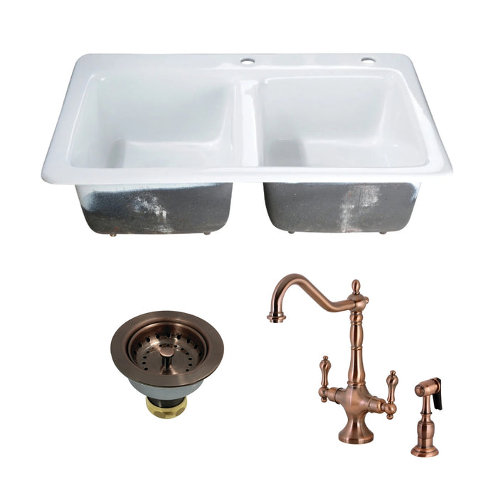 Petra Galley 33-Inch Cast Iron Double Bowl Drop-In Kitchen Sink with Kitchen Faucet with Brass Sprayer and Basket Strainer, Antique Copper