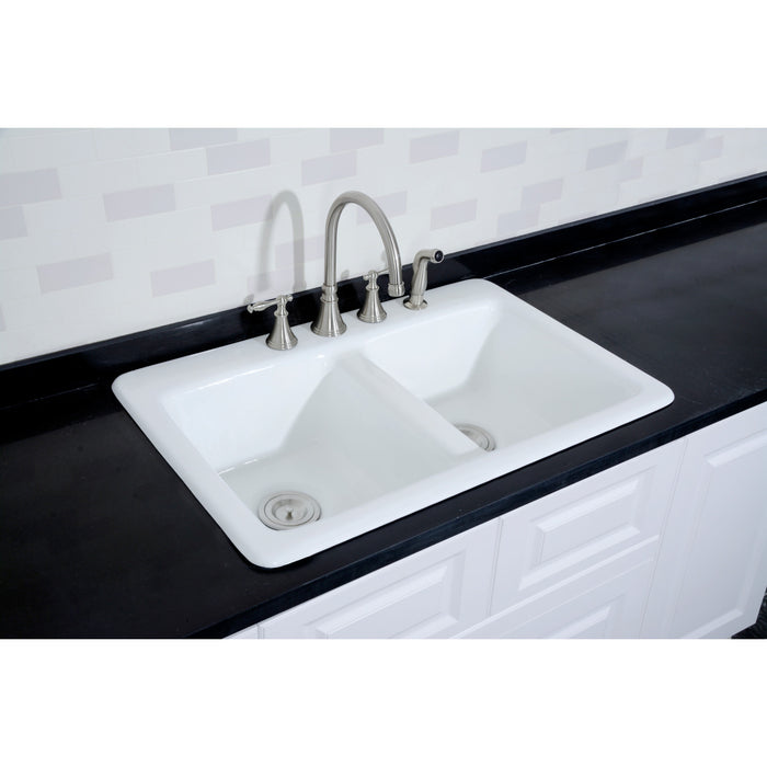 Petra Galley GT33229D4 33-Inch Cast Iron Self-Rimming Double Bowl Drop-In Kitchen Sink (4-Hole), White