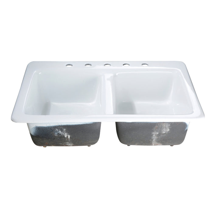 Petra Galley GT33229D5 33-Inch Cast Iron Self-Rimming Double Bowl Drop-In Kitchen Sink (5-Hole), White