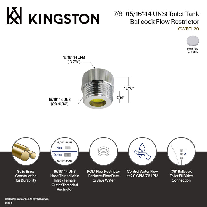 Kingston GWRTL20 7/8" (15/16"-14 UNS) Toilet Tank Ballcock Flow Restrictor, Polished Chrome
