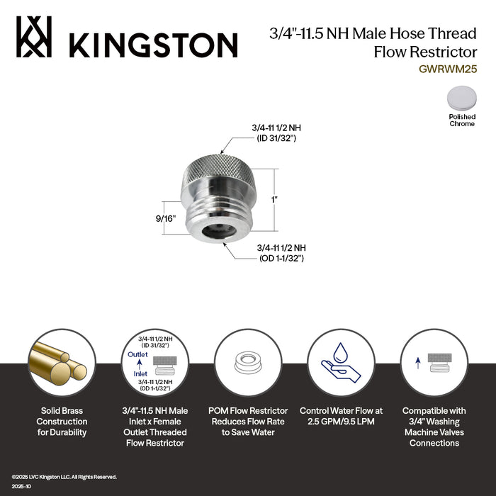 Kingston GWRWM25 3/4"-11.5 NH Male Hose Thread Flow Restrictor, Polished Chrome
