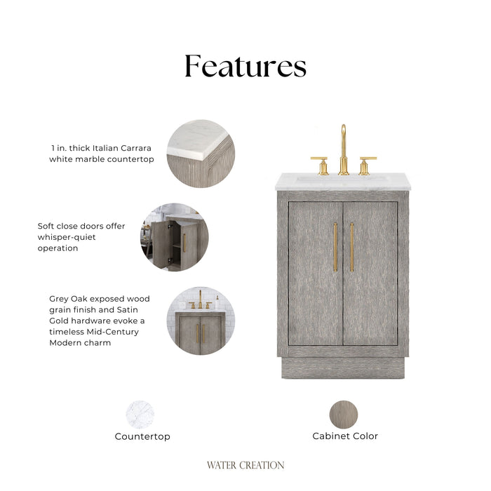 Kingston Hugo HU24CW06GK - 24 in. x 22 in. Bathroom Vanity Marble Top and White Basin, Grey Oak