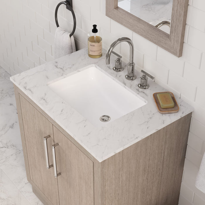 Kingston Hugo HU30CW01GK - 30 in. x 22 in. Bathroom Vanity Marble Top and White Basin, Grey Oak