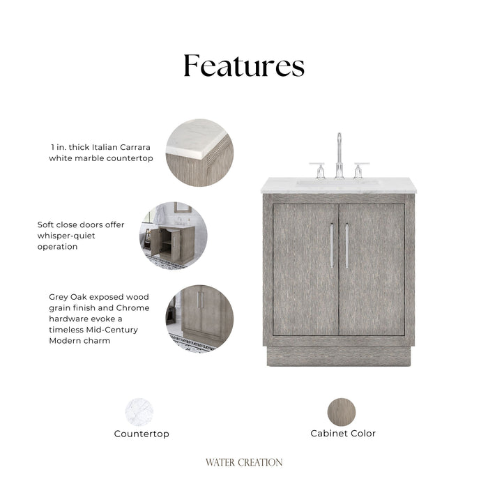 Kingston Hugo HU30CW01GK - 30 in. x 22 in. Bathroom Vanity Marble Top and White Basin, Grey Oak