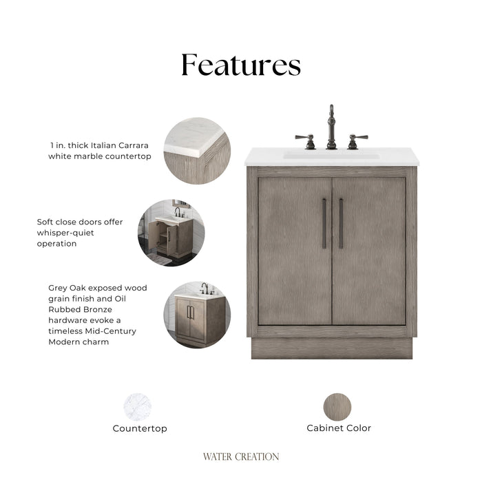 Kingston Hugo HU30CW03GK - 30 in. x 22 in. Bathroom Vanity White Marble Top and White Basin, Grey Oak