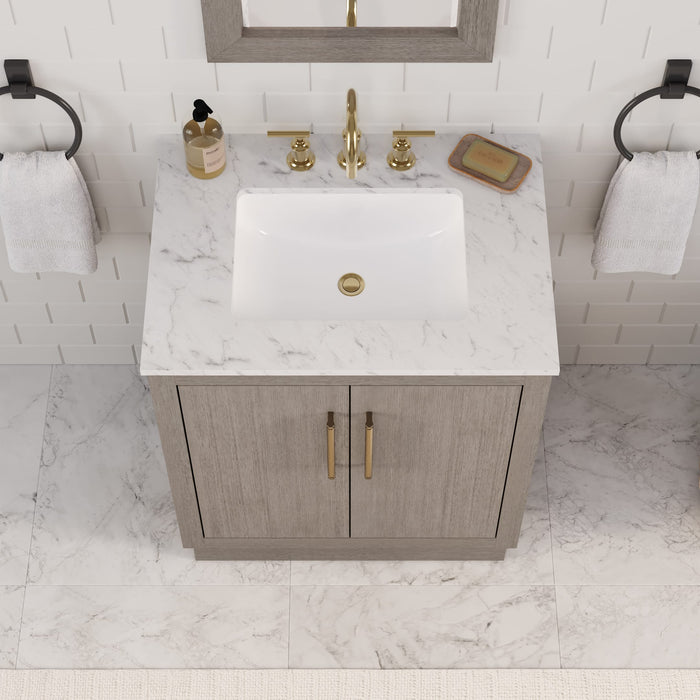 Kingston Hugo HU30CW06GK - 30 in. x 22 in. Bathroom Vanity Marble Top and White Basin, Grey Oak