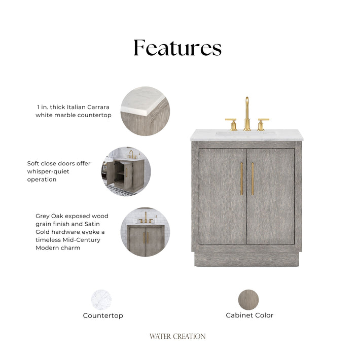Kingston Hugo HU30CW06GK - 30 in. x 22 in. Bathroom Vanity Marble Top and White Basin, Grey Oak