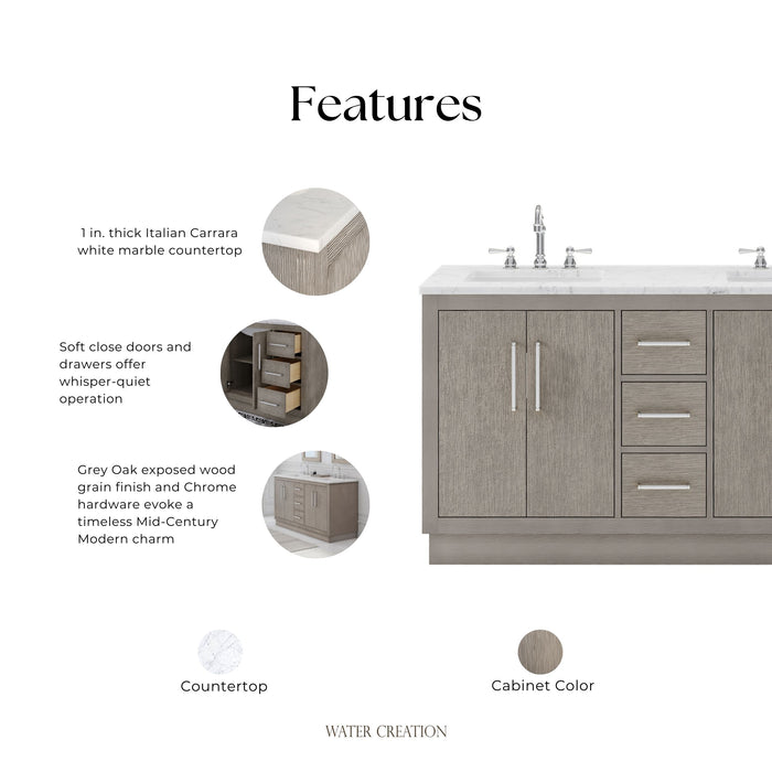 Kingston Hugo HU60CW01GK - 60 in. x 22 in. Bathroom Vanity Marble Top and White Basin, Grey Oak