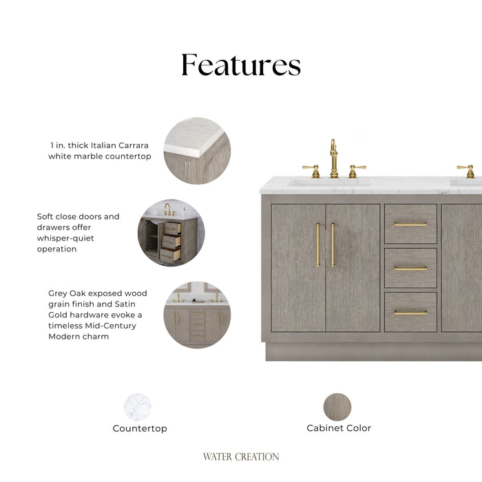 Kingston Hugo HU60CW06GK - 60 in. x 22 in. Bathroom Vanity Marble Top and White Basin, Grey Oak