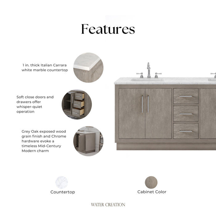 Kingston Hugo HU72CW01GK - 72 in. x 22 in. Bathroom Vanity Marble Top and White Basin, Grey Oak
