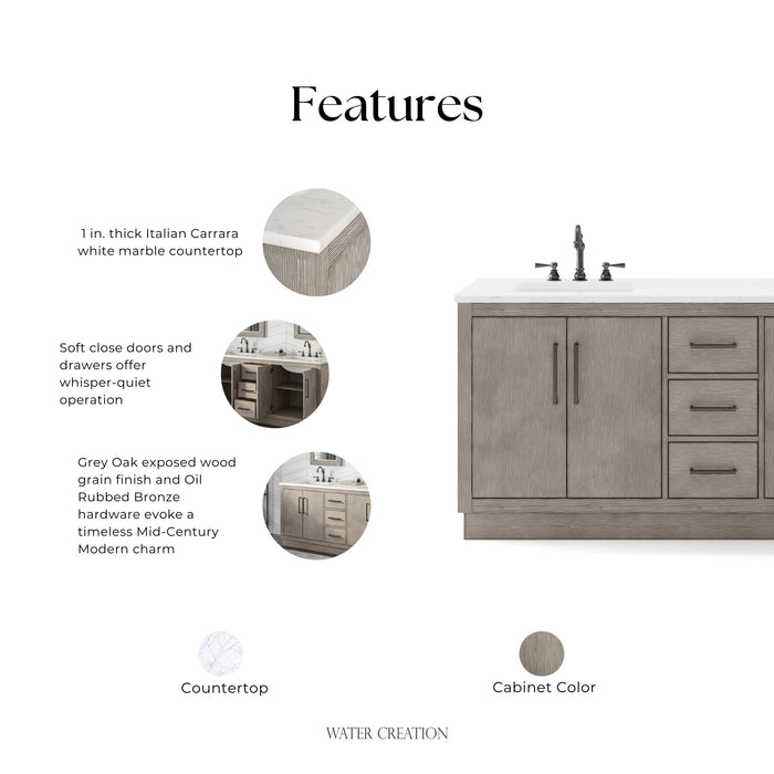 Kingston Hugo HU72CW03GK - 72 in. x 22 in. Bathroom Vanity Marble Top and White Basin, Grey Oak