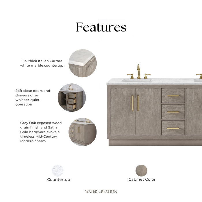 Kingston Hugo HU72CW06GK - 72 in. x 22 in. Bathroom Vanity Marble Top and White Basin, Grey Oak