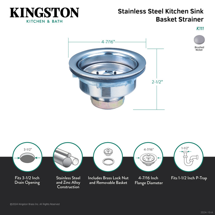 Kingston Tacoma K111 Stainless Steel Kitchen Sink Basket Strainer, Brushed Stainless Steel