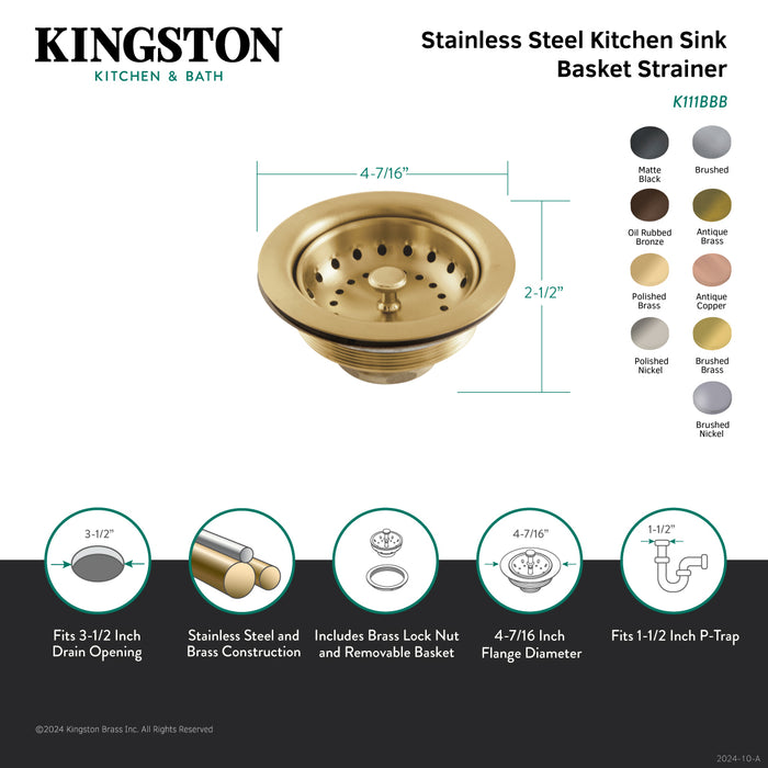 Kingston Tacoma K111B 3-1/2-Inch Kitchen Sink Basket Strainer, Brushed Stainless Steel