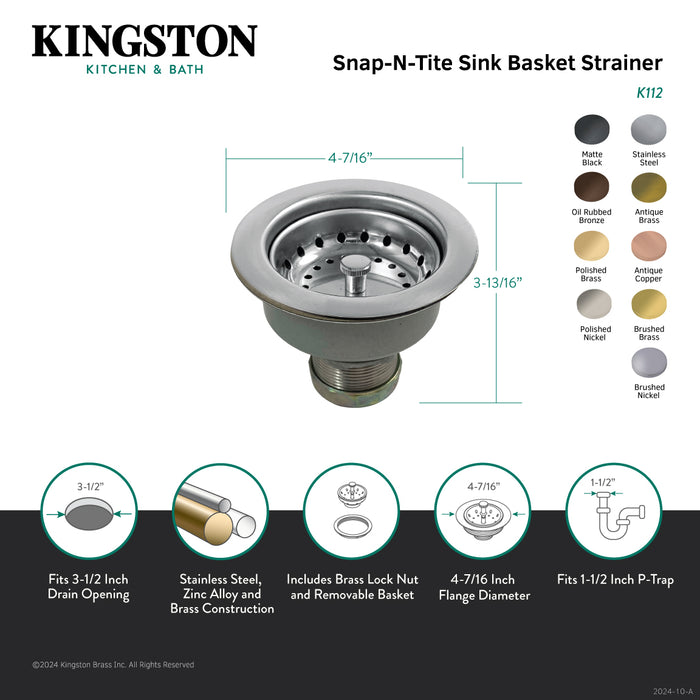 Kingston Tacoma K112 3-1/2-Inch Kitchen Sink Basket Strainer, Brushed Stainless Steel